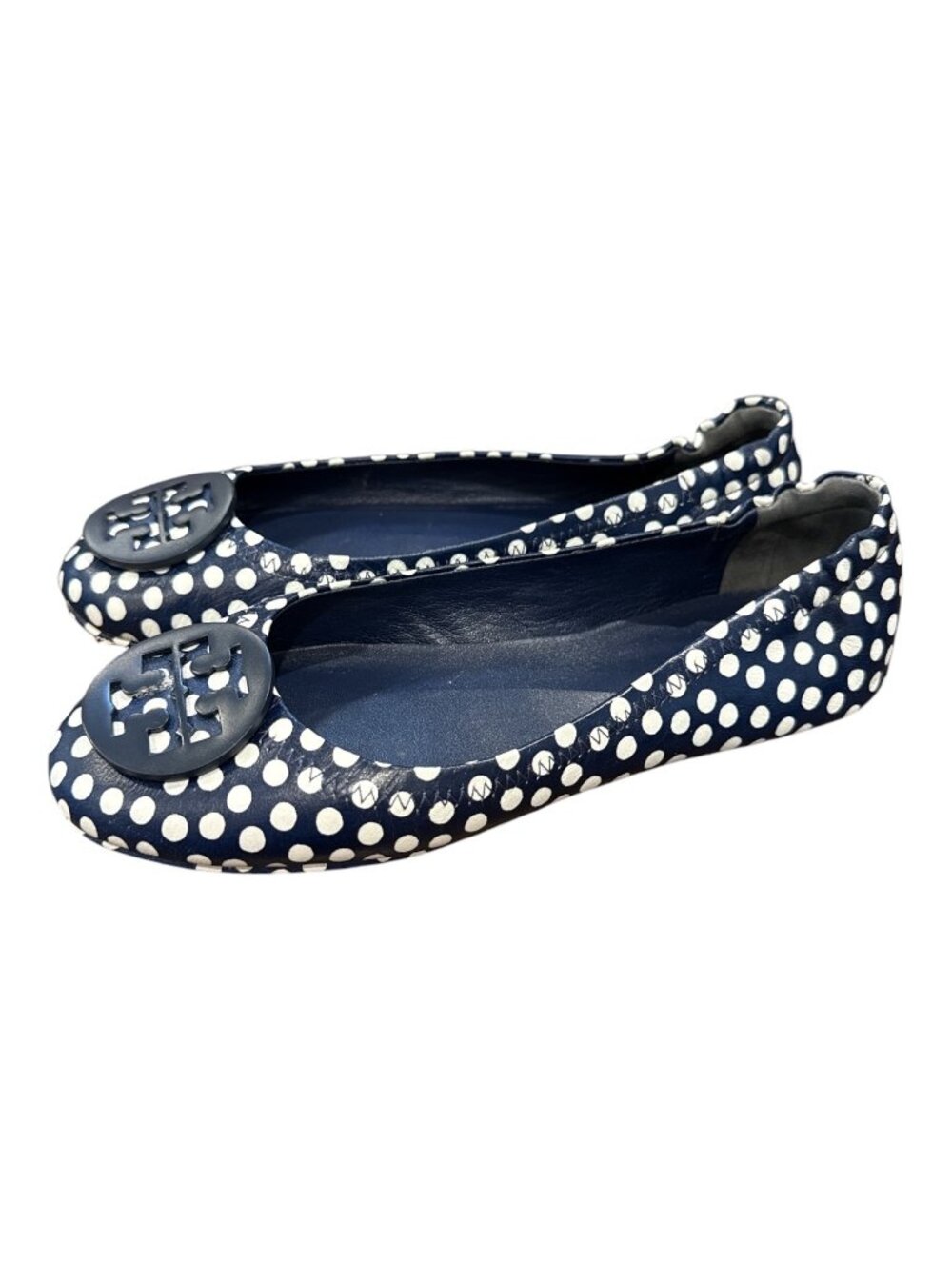 Tory Burch Navy & White Polka Dot Minnie Travel Ballet Flats Leather Logo Sz 7M